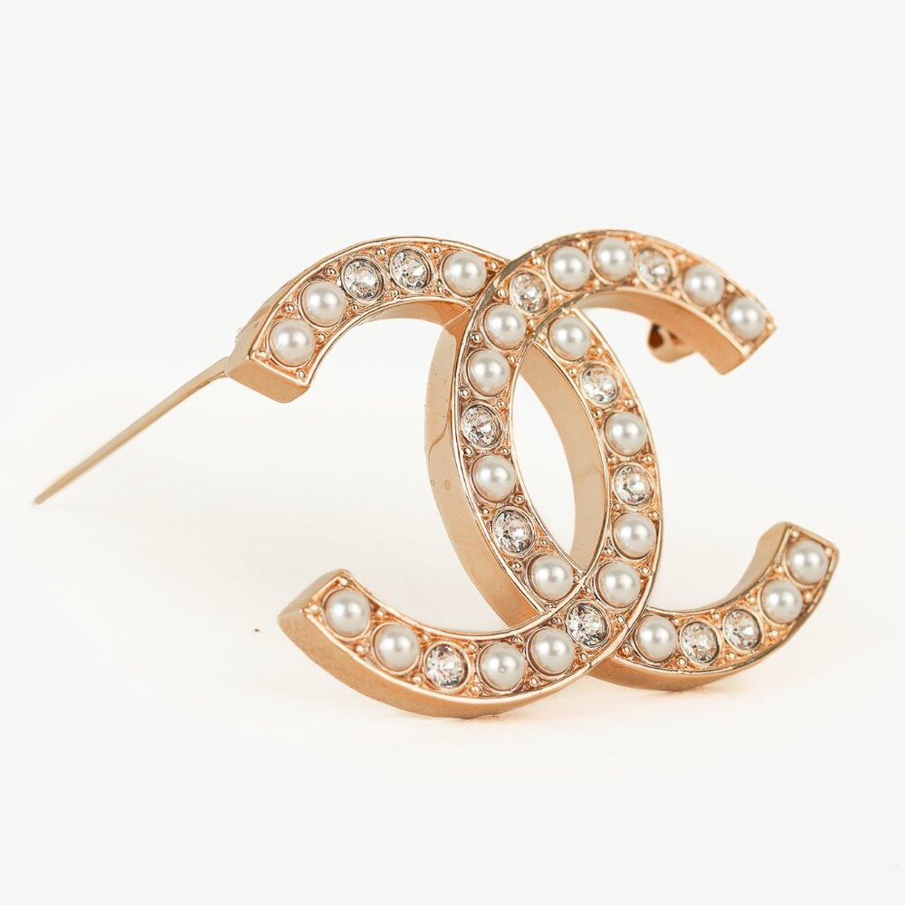 Chanel Gold-Toned Pearl & Crystal Studded CC Brooch